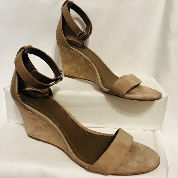 Tory Burch-3" Wedge Heels-Light Taupe/Tan-Size 9-Strap Ankle-Leather/Suede Mix - Picture 1 of 16